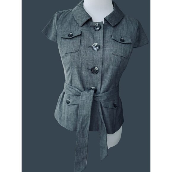 ANN TAYLOR LOFT LADIES PETITE LINED GRAY TWEED BUTTON UP BELTED SS JACKET NWT 4P - Picture 8 of 9